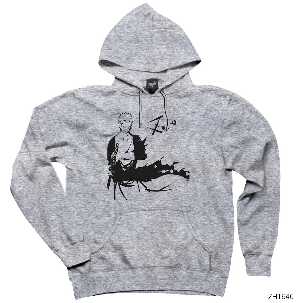 One Piece Roronao Zoro Gri Kapşonlu Sweatshirt Hoodie