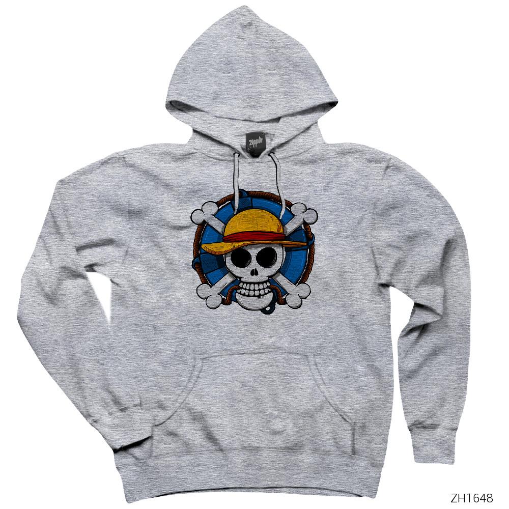 One Piece Skull Gri Kapşonlu Sweatshirt Hoodie