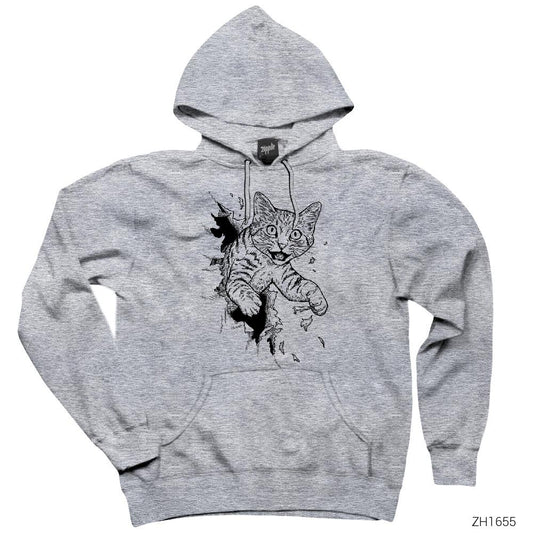 Kedi Cat Busting Gri Kapşonlu Sweatshirt Hoodie