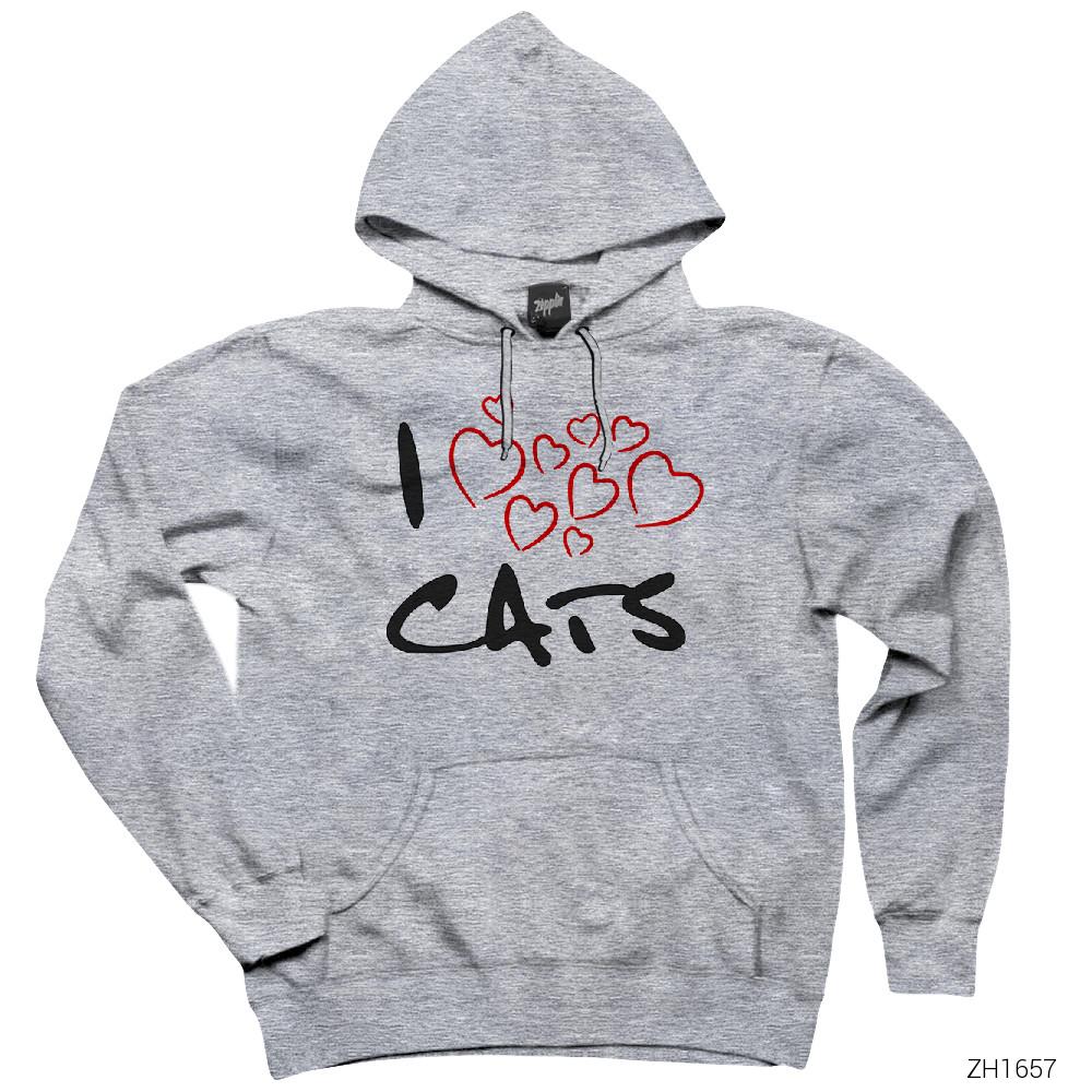 Kedi I Love Cats Gri Kapşonlu Sweatshirt Hoodie