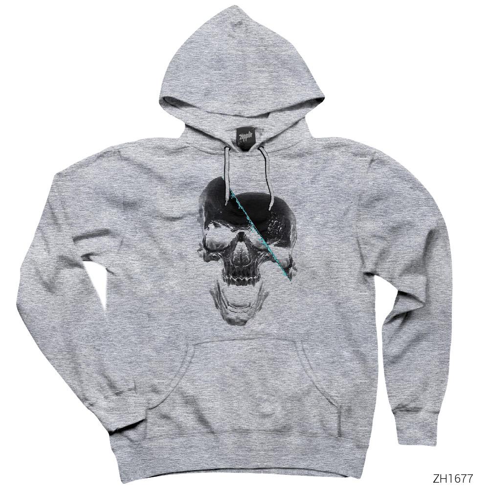Cutted Skull Gri Kapşonlu Sweatshirt Hoodie