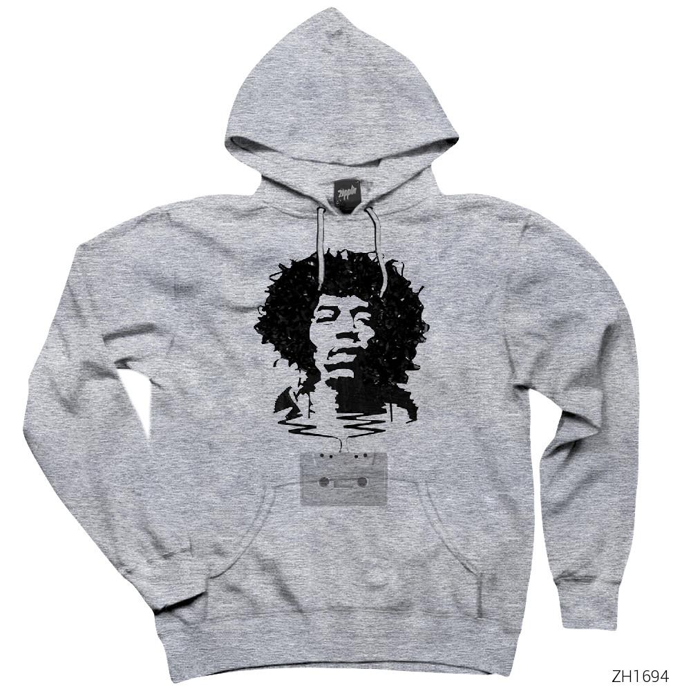 Jimi Hendrix Tape Gri Kapşonlu Sweatshirt Hoodie