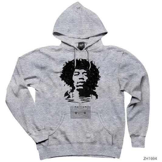 Jimi Hendrix Tape Gri Kapşonlu Sweatshirt Hoodie