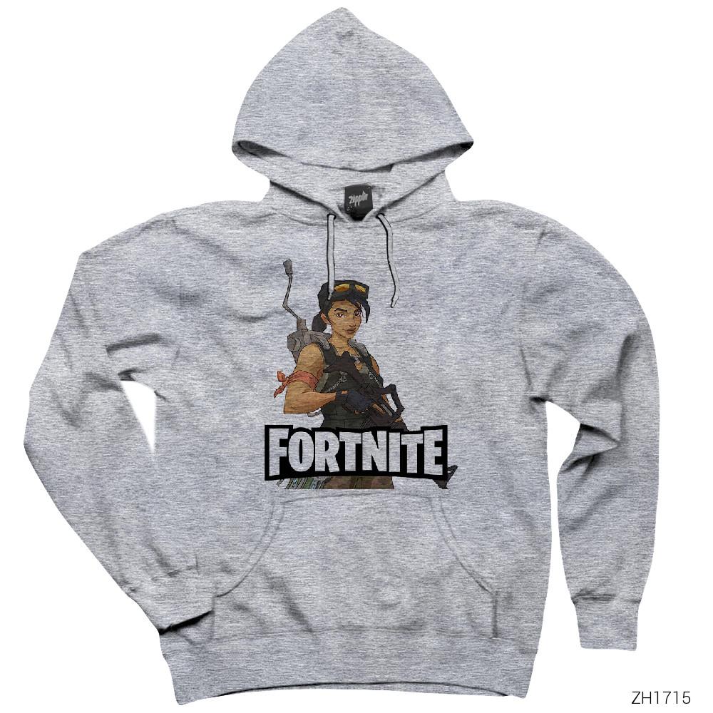 Fortnite Cartoon Gri Kapşonlu Sweatshirt Hoodie