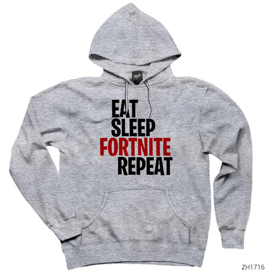 Fortnite Eat Sleep Fortnite Gri Kapşonlu Sweatshirt Hoodie