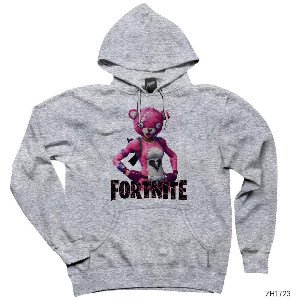 Fortnite Pink Bear Gri Kapşonlu Sweatshirt Hoodie