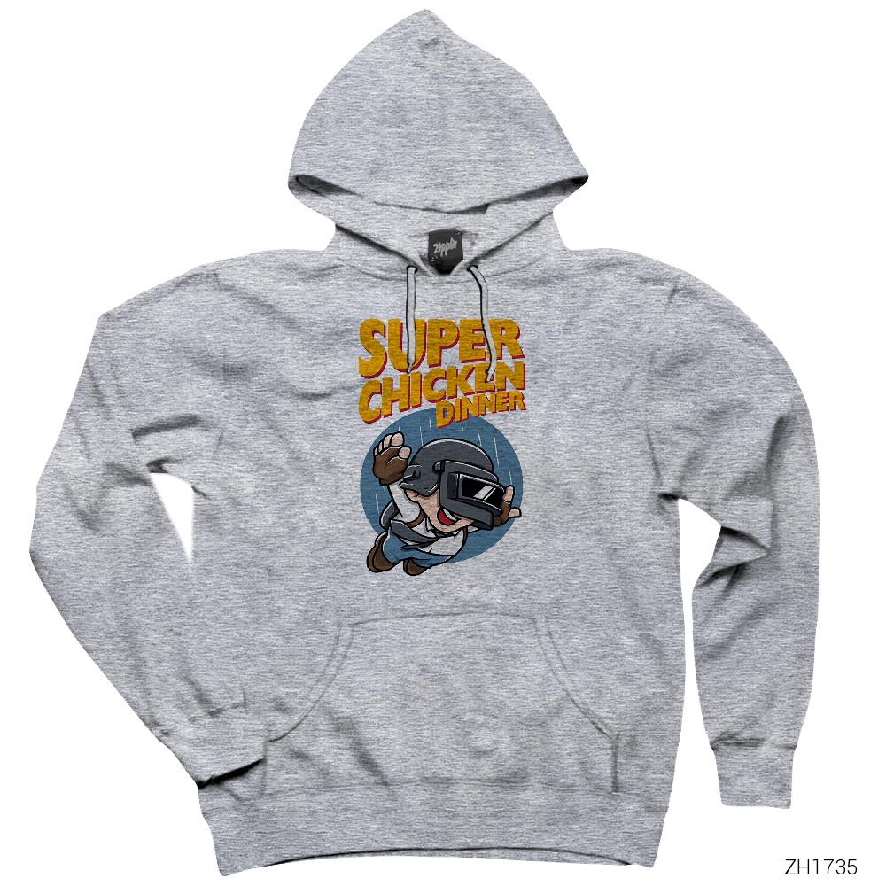 PUBG Super Chicken Dinner Gri Kapşonlu Sweatshirt Hoodie