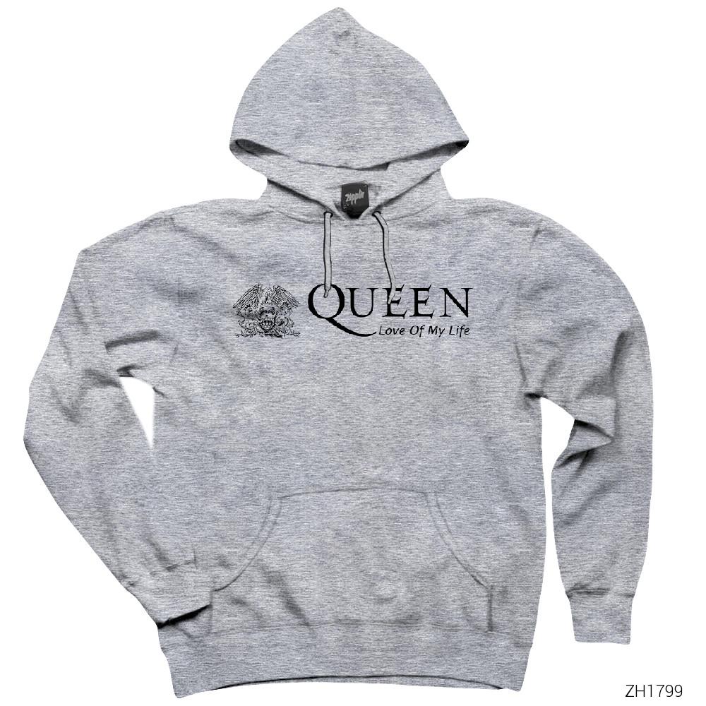 Queen Love Of My Life Gri Kapşonlu Sweatshirt Hoodie