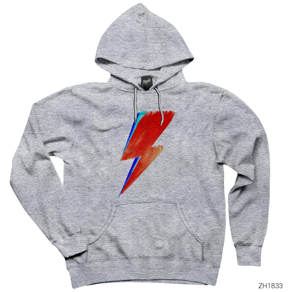 David Bowie Lighting Gri Kapşonlu Sweatshirt Hoodie