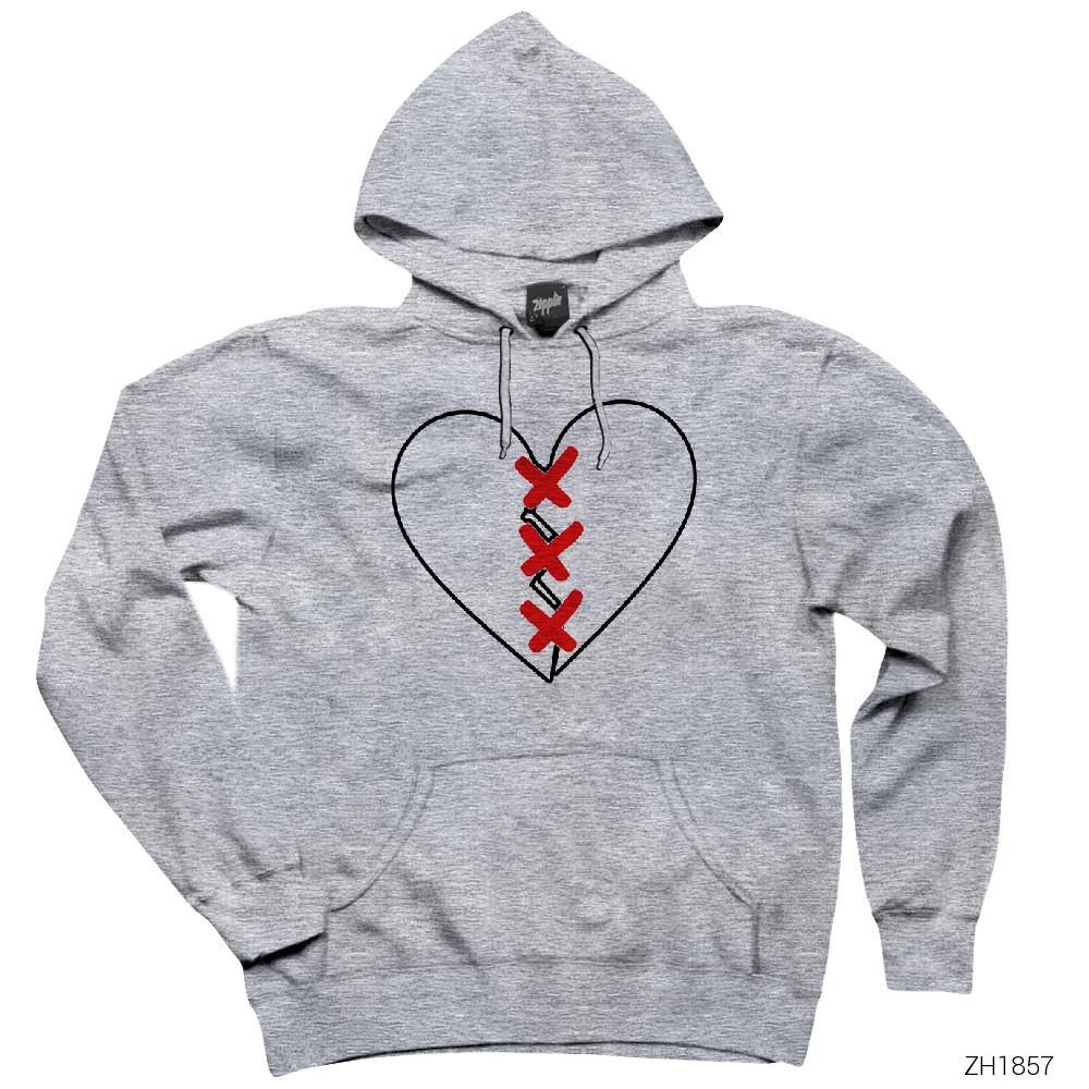 XXX Tentection Broken Hearth Gri Kapşonlu Sweatshirt Hoodie