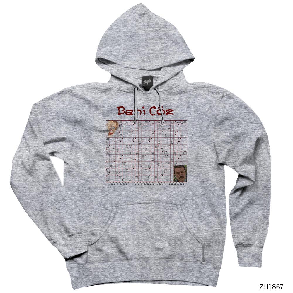 Kare Bulmaca Gri Kapşonlu Sweatshirt Hoodie