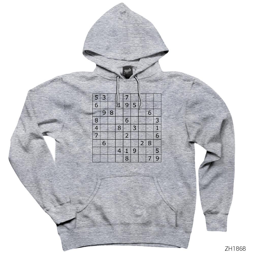 Sudoku Bulmaca Gri Kapşonlu Sweatshirt Hoodie