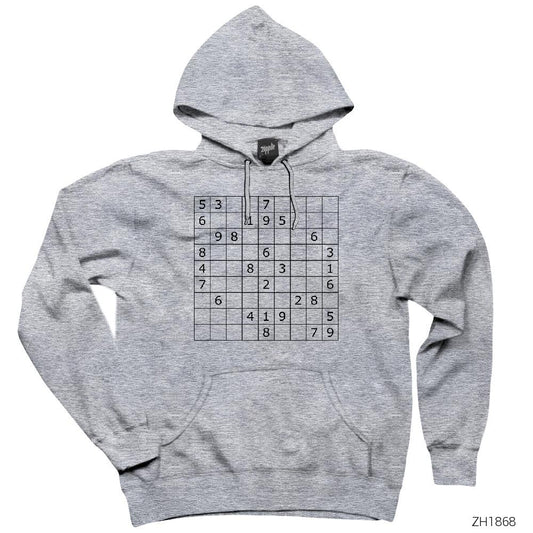 Sudoku Bulmaca Gri Kapşonlu Sweatshirt Hoodie