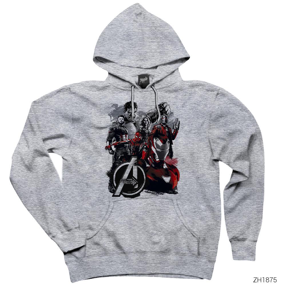 Avengers Members Gri Kapşonlu Sweatshirt Hoodie