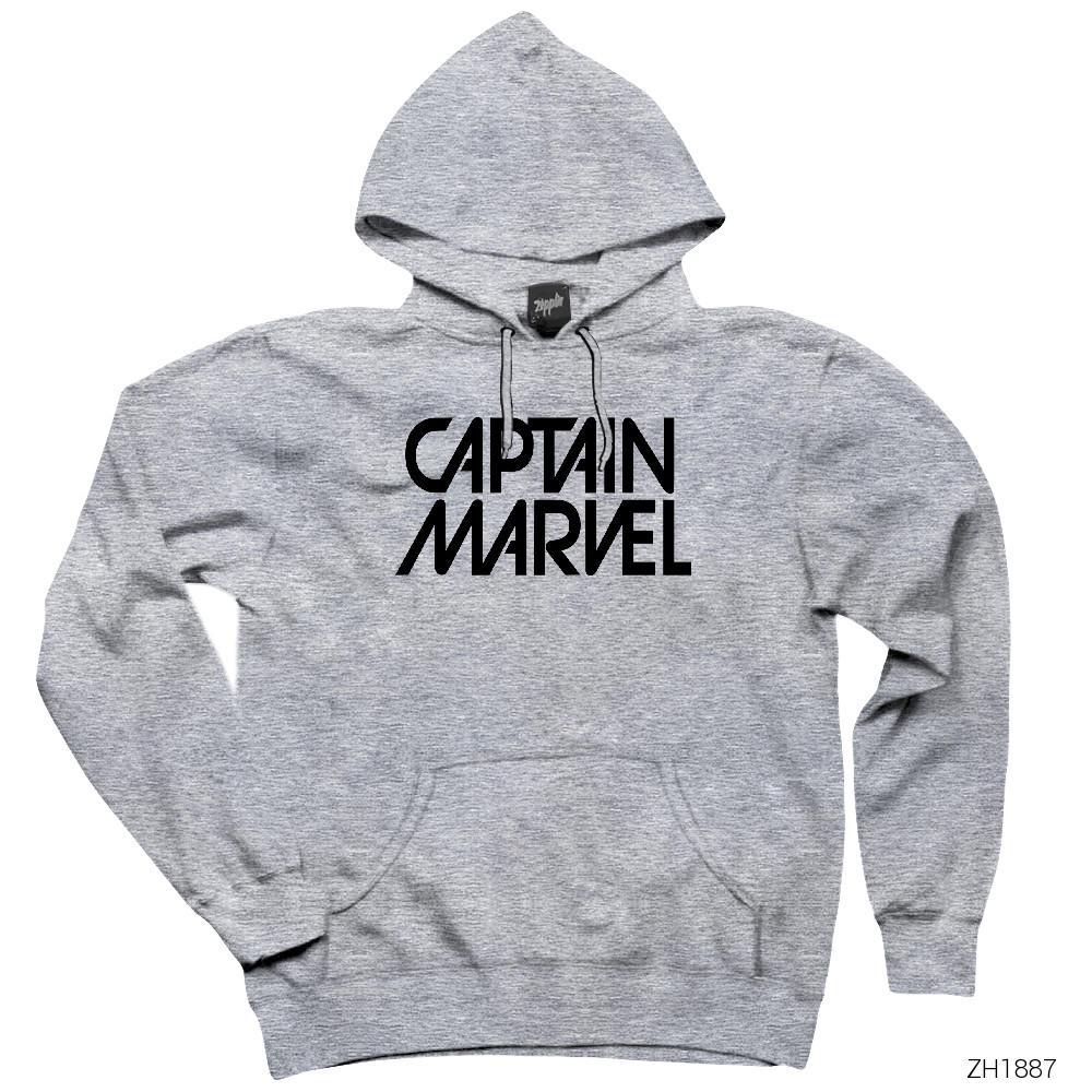 Captain Marvel Text Gri Kapşonlu Sweatshirt Hoodie