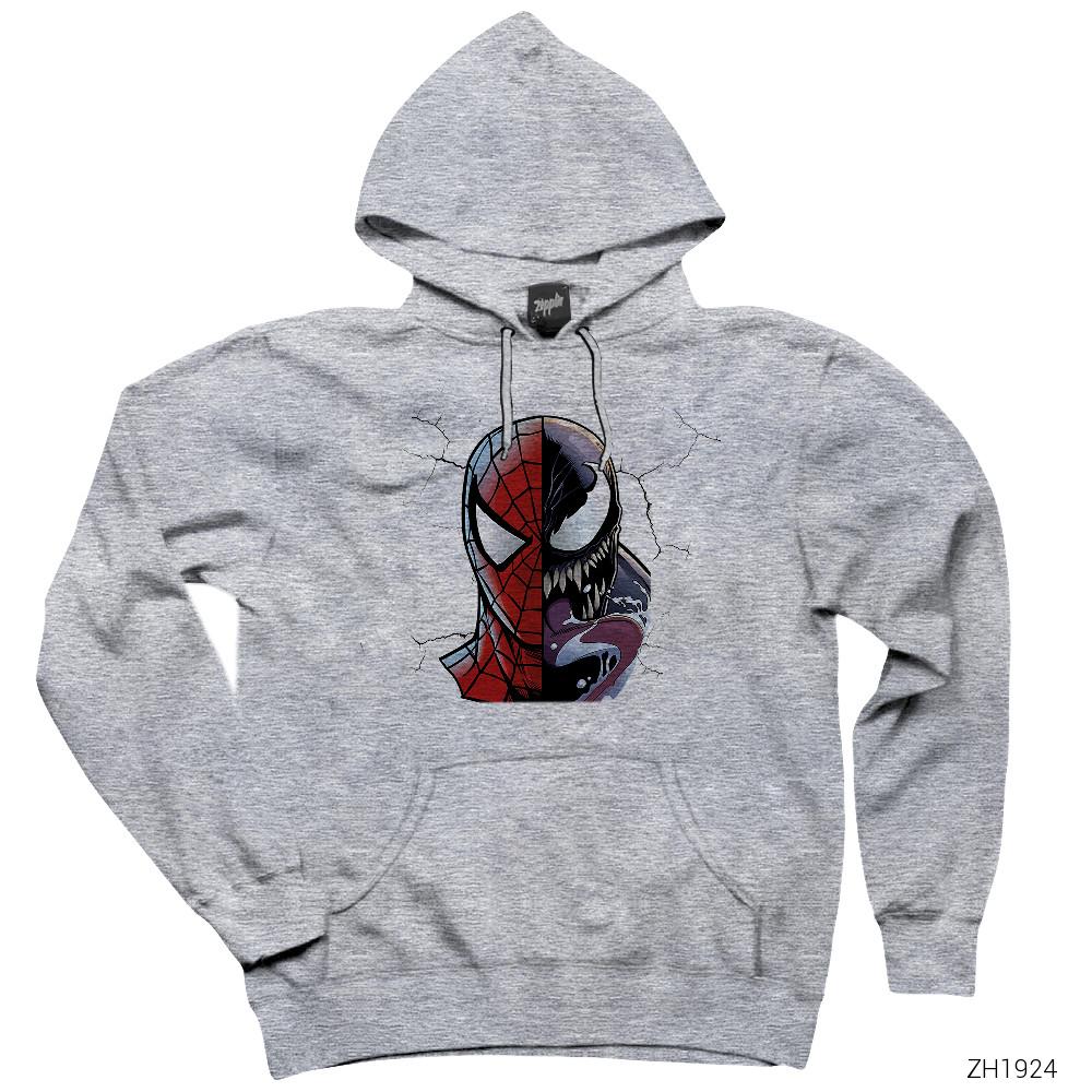 Venom vs Spiderman Gri Kapşonlu Sweatshirt Hoodie