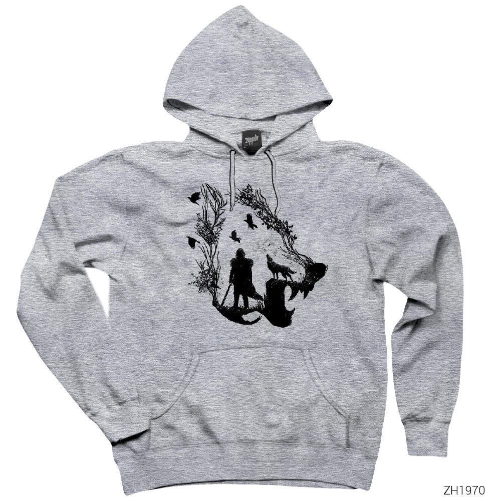 Game of Thrones Lone Wolf Gri Kapşonlu Sweatshirt Hoodie