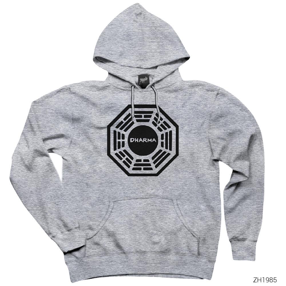 Lost Dharma Logo Gri Kapşonlu Sweatshirt Hoodie
