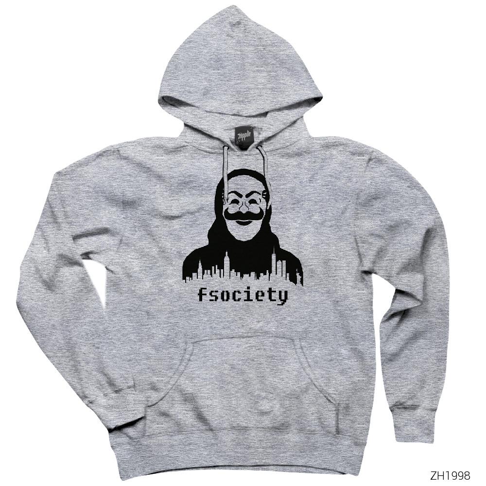 Mr Robot fsociety Mask Gri Kapşonlu Sweatshirt Hoodie