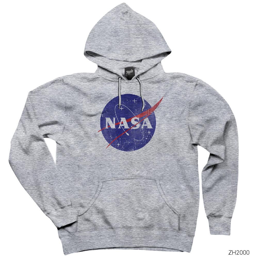 Nasa Damaged Logo Gri Kapşonlu Sweatshirt Hoodie