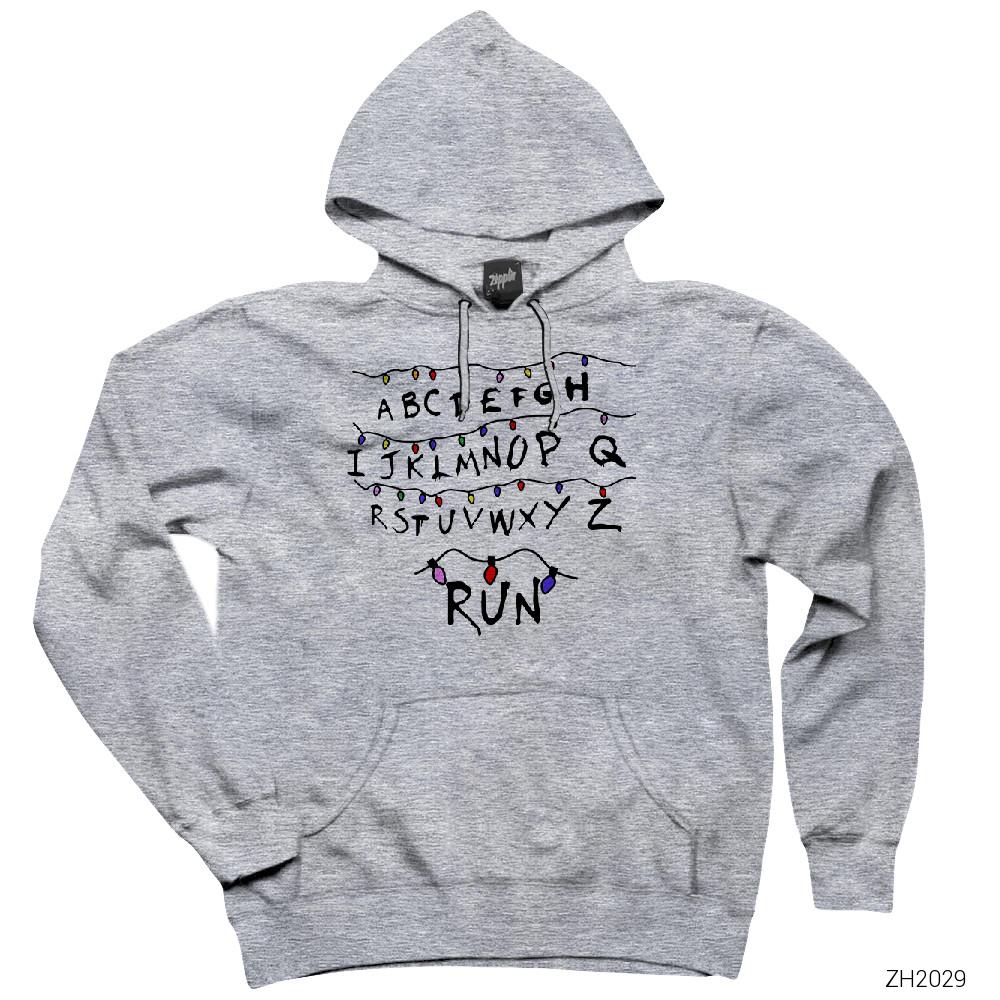 Stranger Things Christmas Lights Run Gri Kapşonlu Sweatshirt Hoodie