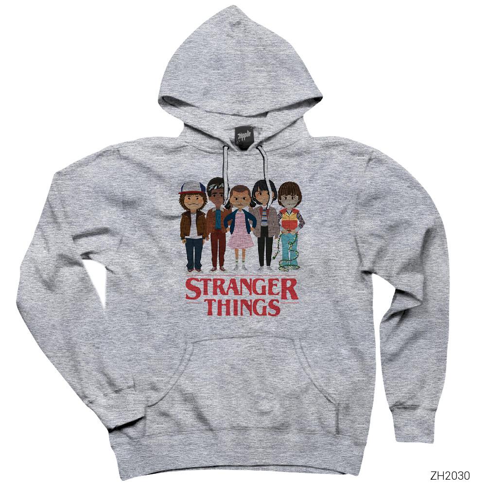 Stranger Things Crew Gri Kapşonlu Sweatshirt Hoodie