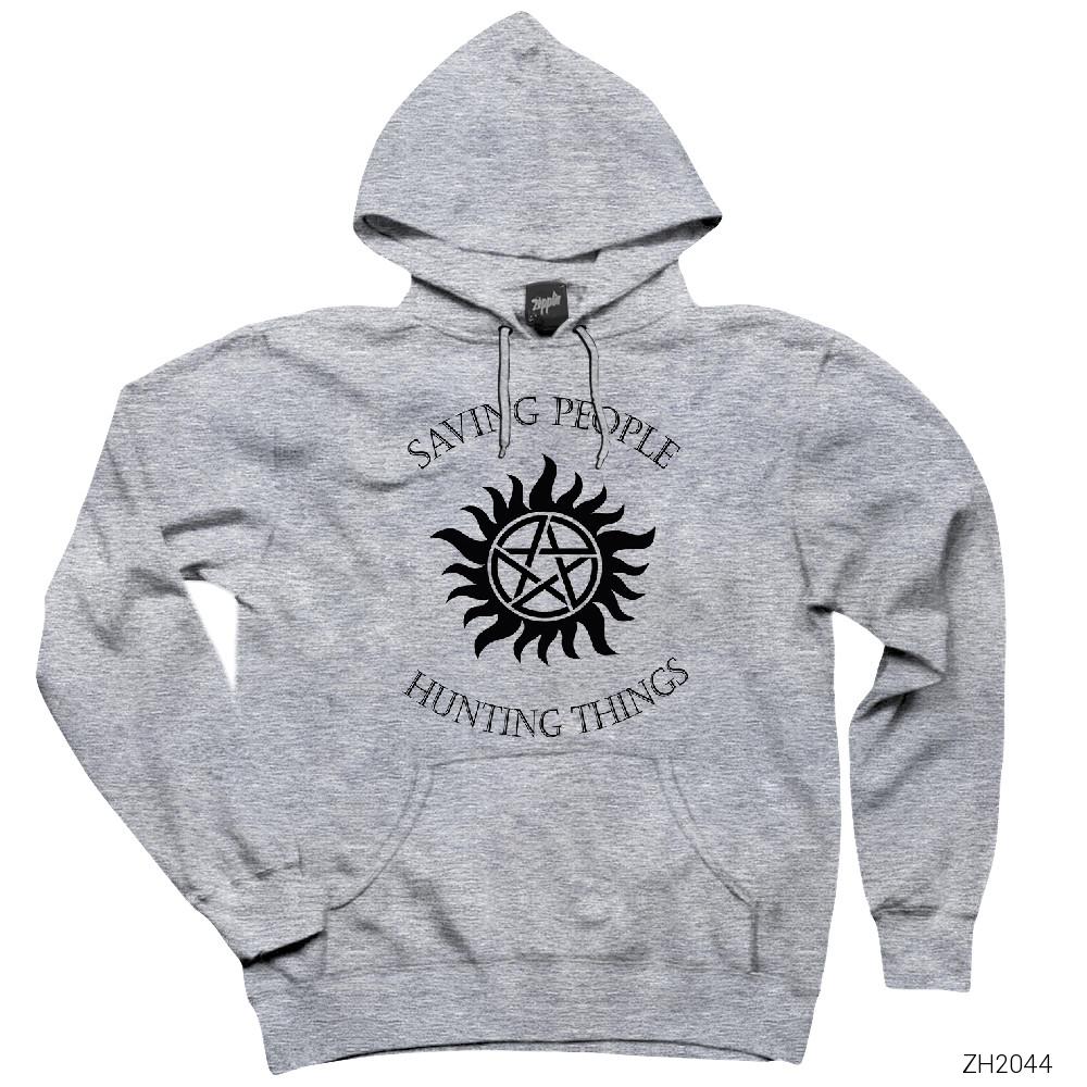 Supernatural Saving People Gri Kapşonlu Sweatshirt Hoodie