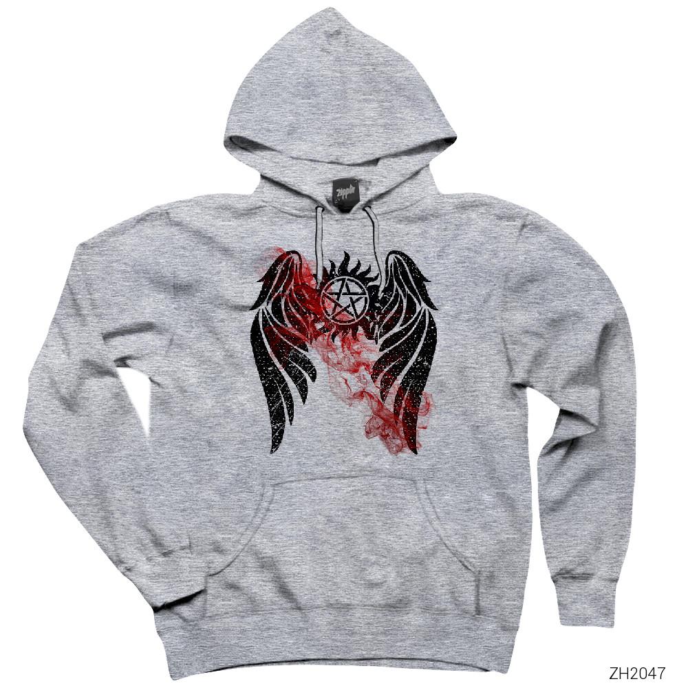 Supernatural Wings Gri Kapşonlu Sweatshirt Hoodie