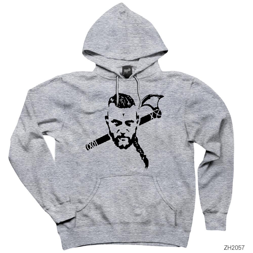 Vikings Ragnar Stencil Gri Kapşonlu Sweatshirt Hoodie