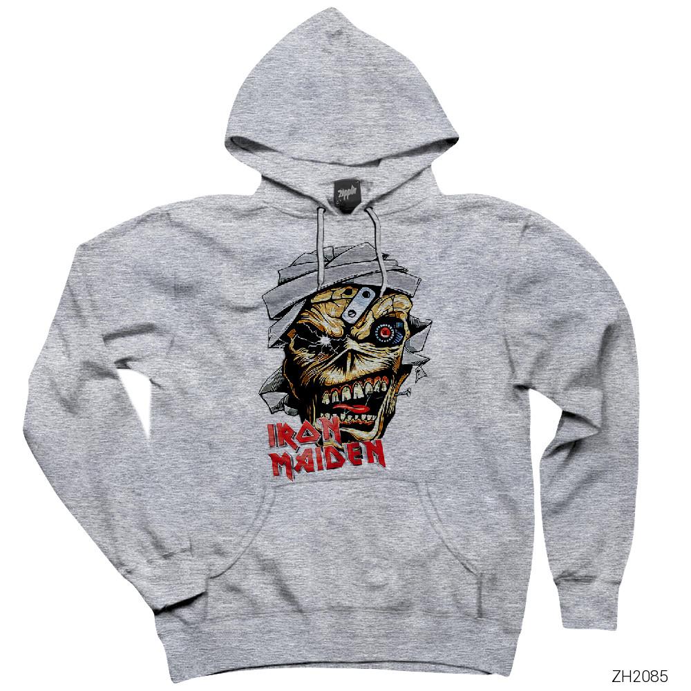 Iron Maiden Skull Cartoon Gri Kapşonlu Sweatshirt Hoodie