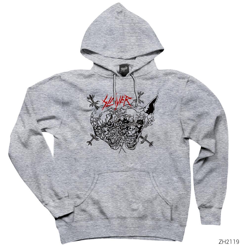 Slayer Cartoon Skull Gri Kapşonlu Sweatshirt Hoodie
