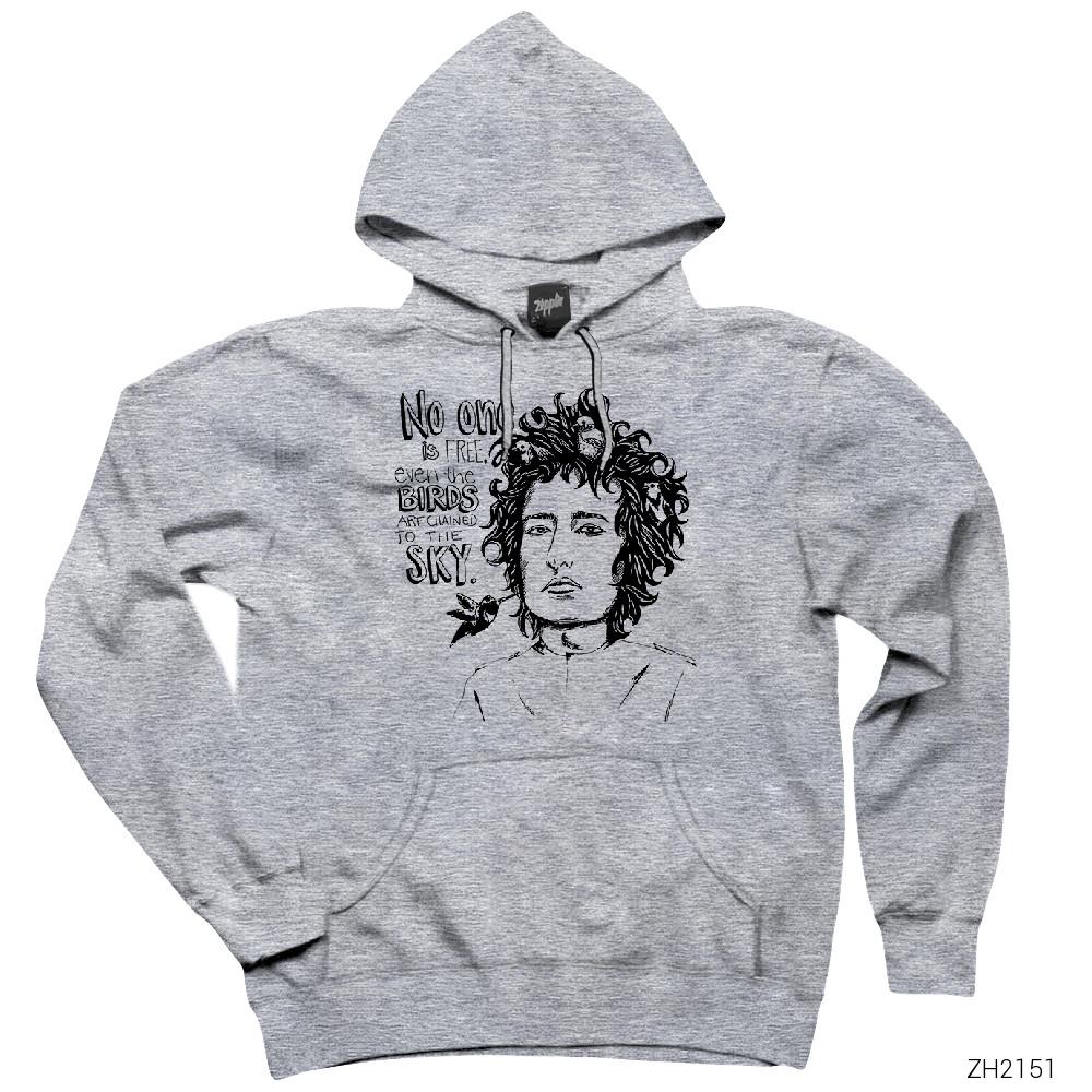 Bob Dylan Birds Gri Kapşonlu Sweatshirt Hoodie