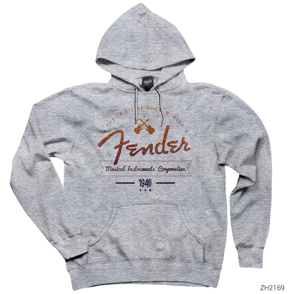 Fender Logo 6 Gri Kapşonlu Sweatshirt Hoodie