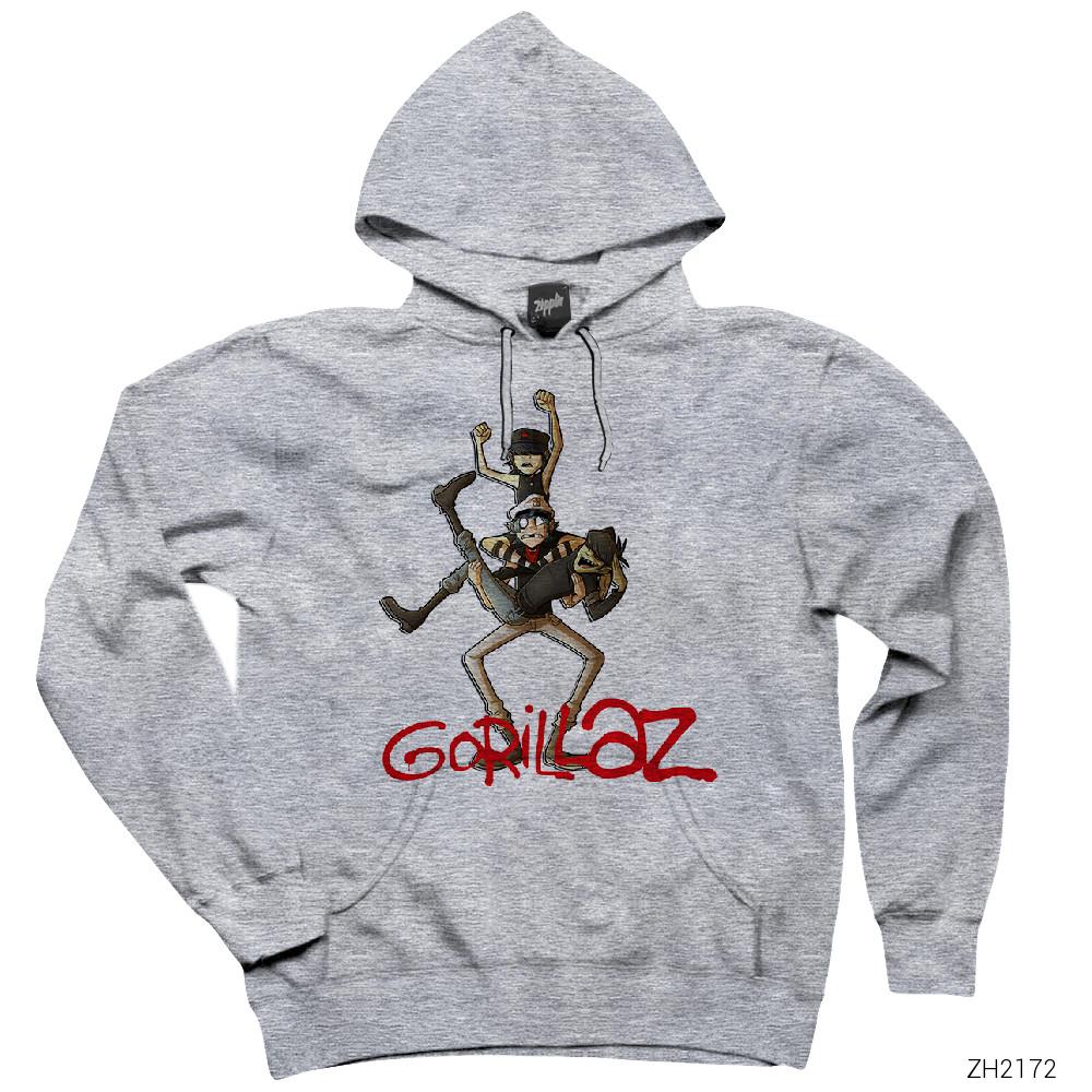 Gorillaz Cartoon Gri Kapşonlu Sweatshirt Hoodie