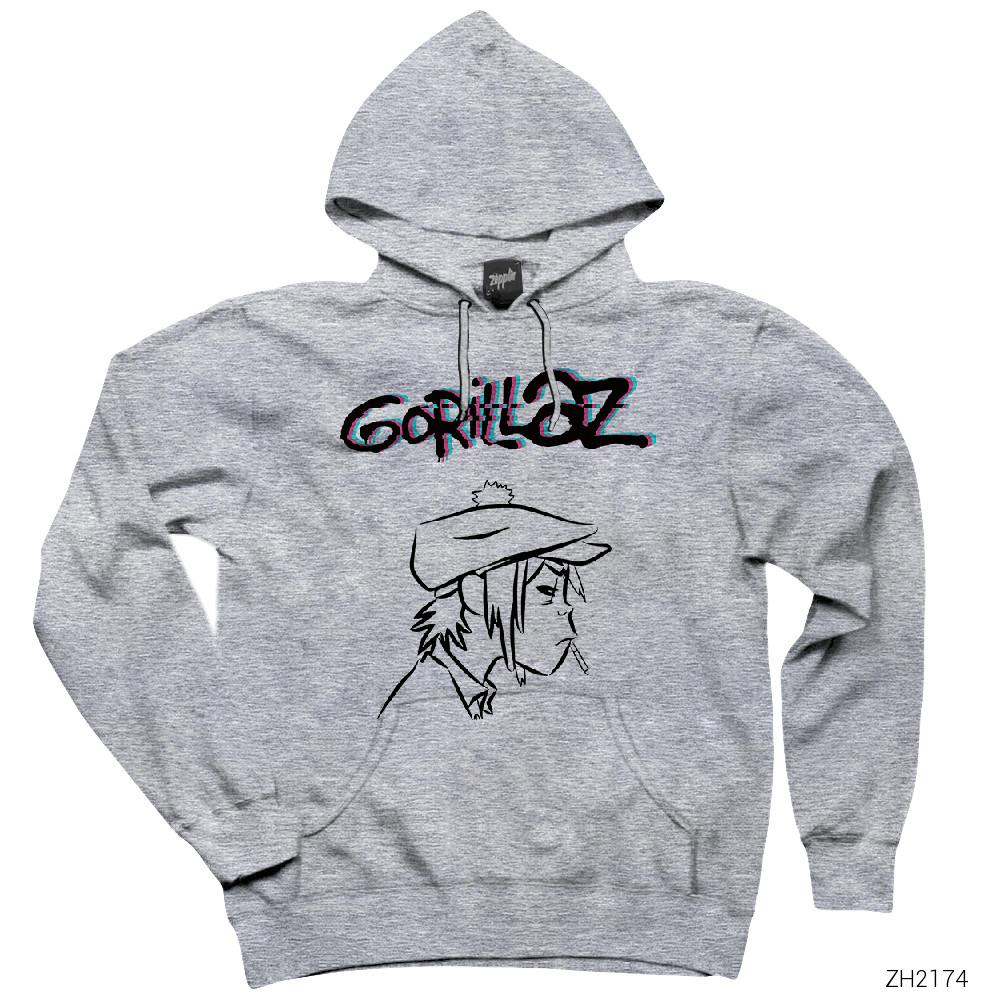 Gorillaz Head Gri Kapşonlu Sweatshirt Hoodie