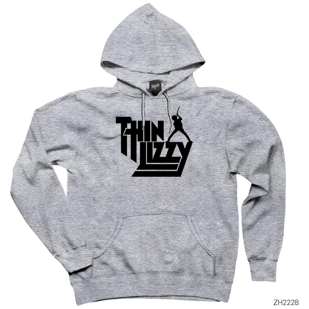 Thin Lizzy Text Gri Kapşonlu Sweatshirt Hoodie
