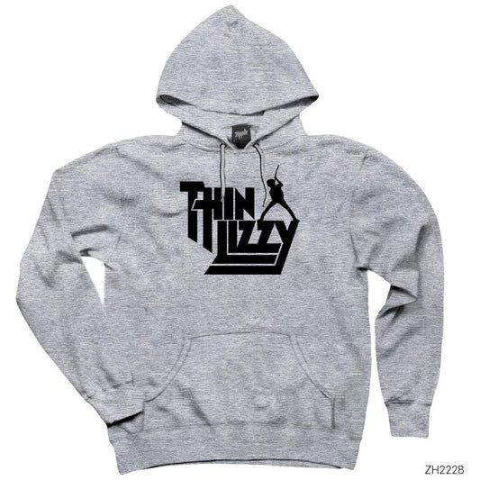 Thin Lizzy Text Gri Kapşonlu Sweatshirt Hoodie