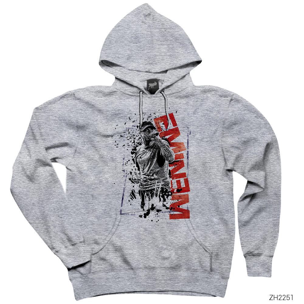 Eminem Crumble Poster Gri Kapşonlu Sweatshirt Hoodie