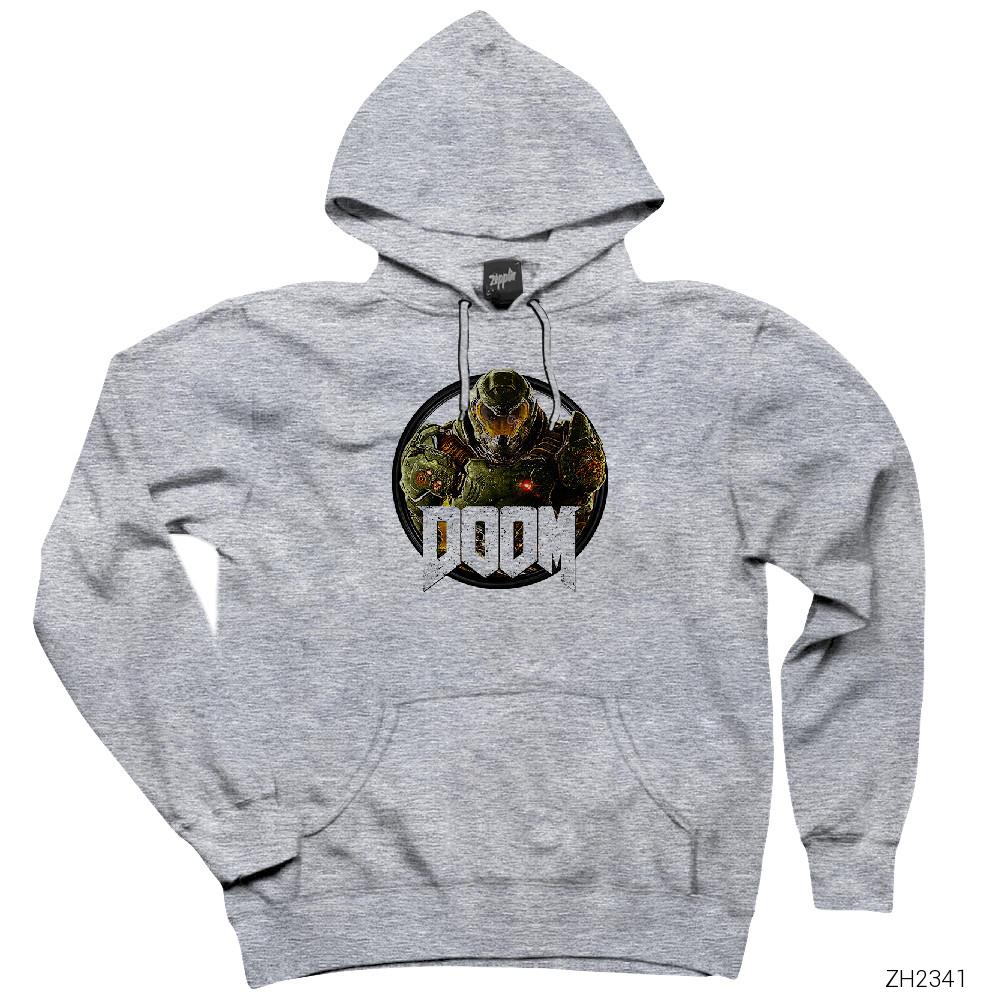 Doom Hero Gri Kapşonlu Sweatshirt Hoodie