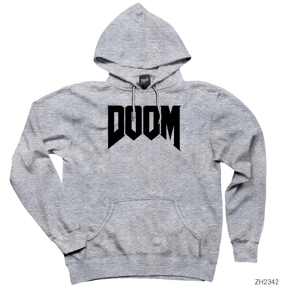 Doom Logo Gri Kapşonlu Sweatshirt Hoodie