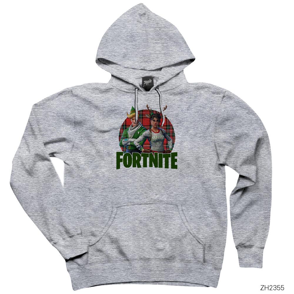 Fortnite X-mas Skin Logo Gri Kapşonlu Sweatshirt Hoodie