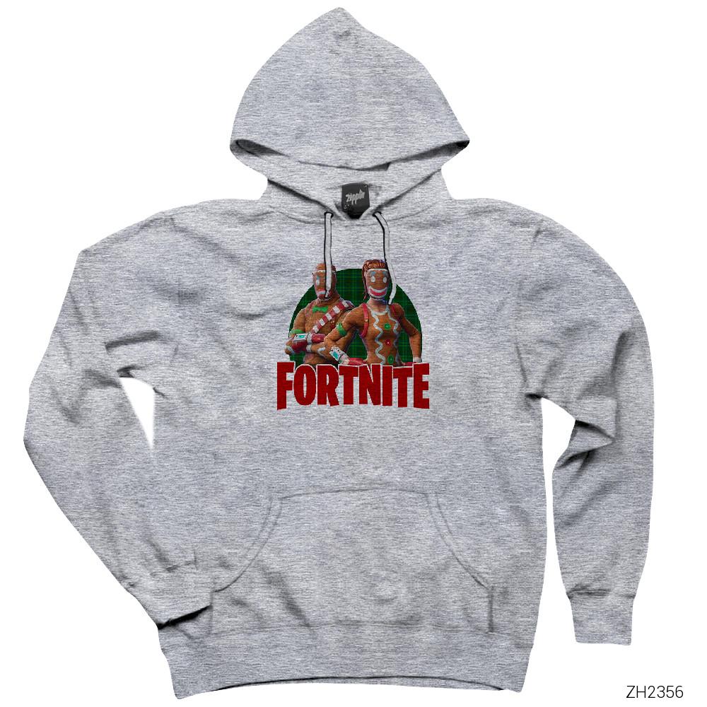 Fortnite X-mas Skin Logo 2 Gri Kapşonlu Sweatshirt Hoodie