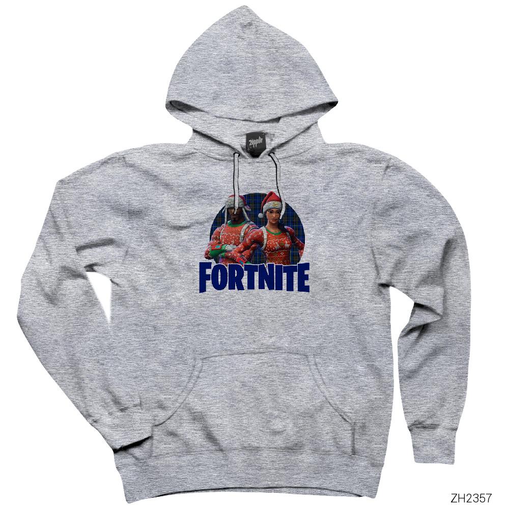 Fortnite X-mas Skin Logo 3 Gri Kapşonlu Sweatshirt Hoodie