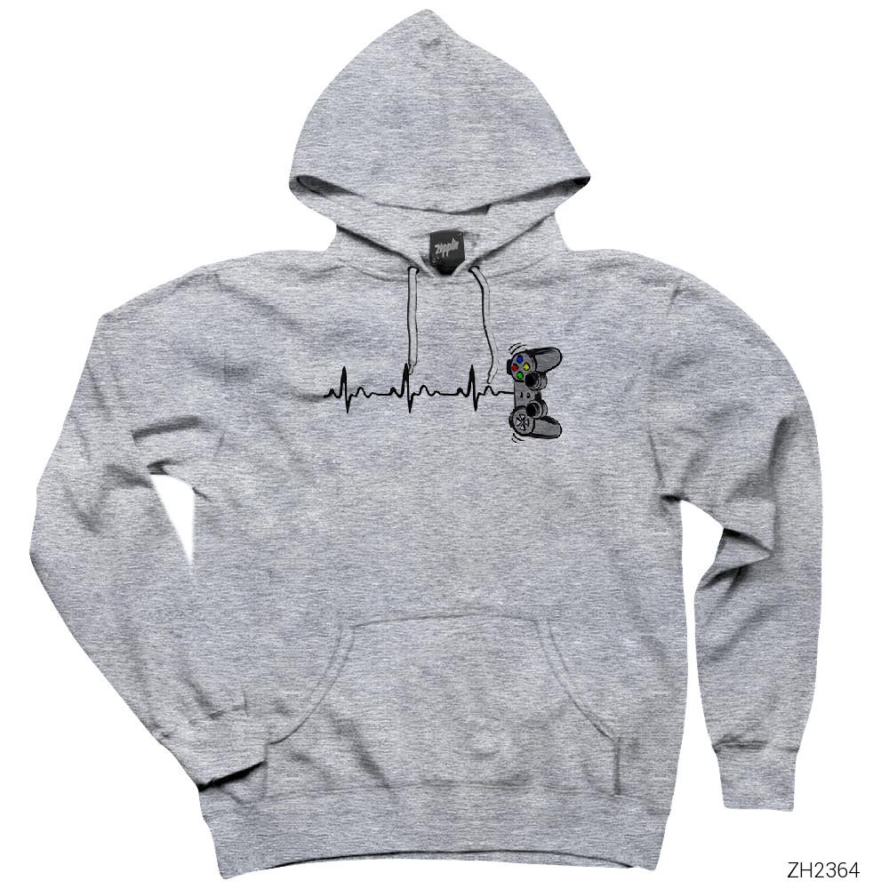 Gamer Hearthbeat Gri Kapşonlu Sweatshirt Hoodie