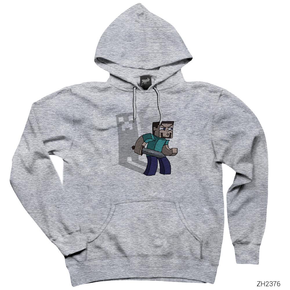 Minecraft Creeper Shadow Gri Kapşonlu Sweatshirt Hoodie