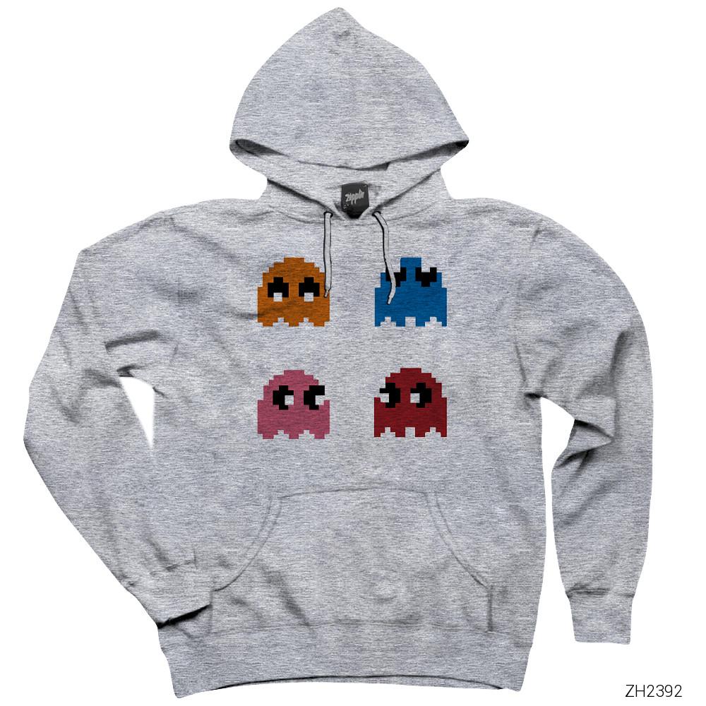 Pac-man Monster Gri Kapşonlu Sweatshirt Hoodie