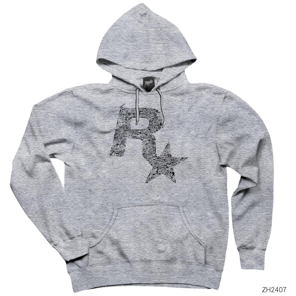 Rockstar Logo 2 Gri Kapşonlu Sweatshirt Hoodie