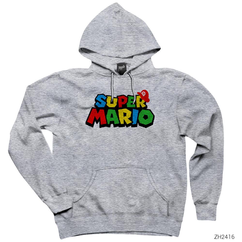 Super Mario Logo Gri Kapşonlu Sweatshirt Hoodie