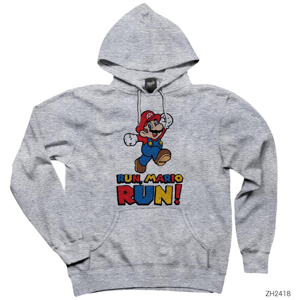 Super Mario Run Run Gri Kapşonlu Sweatshirt Hoodie