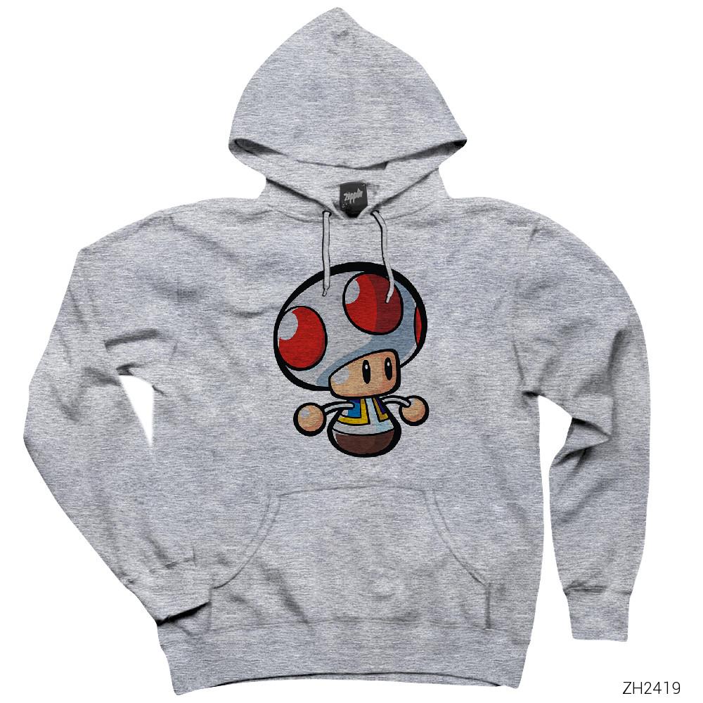 Super Mario Toad Gri Kapşonlu Sweatshirt Hoodie